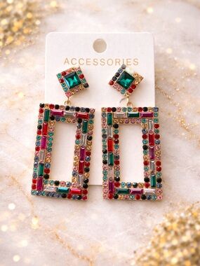 Multicolor Gem Rectangle Drop Earrings - Accessorize gorgeous not too heavy